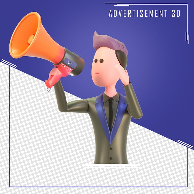 Personaggio 3D che tiene in mano un altoparlante