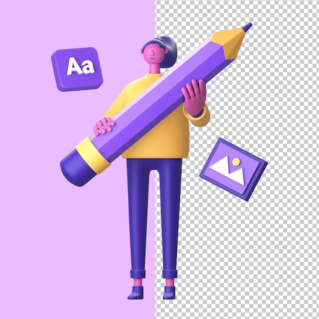 Personaggio 3D che tiene la parte anteriore della matita per i social media delle app mobili web UI UX