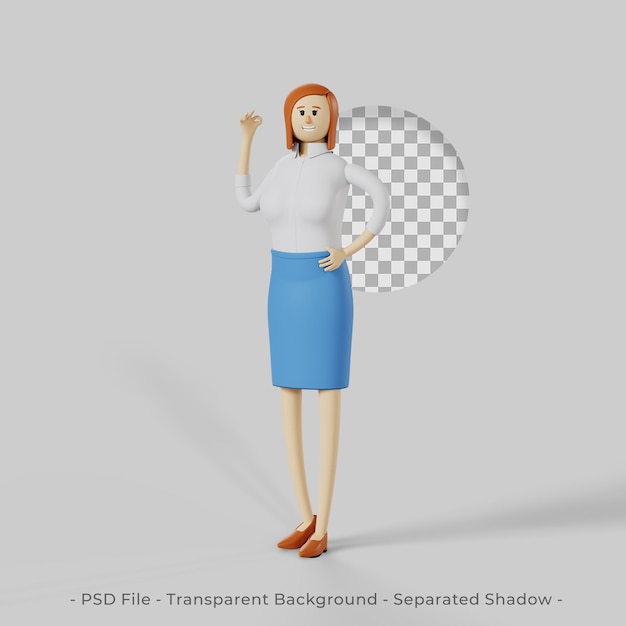Personaggio 3D di donna d'affari con gesto della mano OK