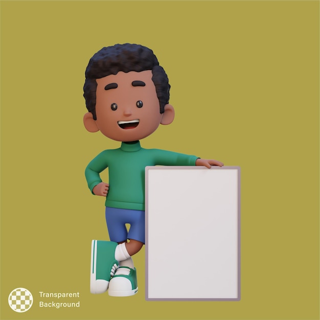 Personaggio 3D di un bambino che tiene un cartello vuoto