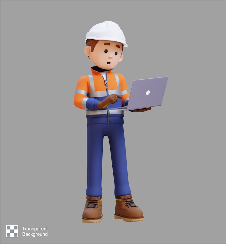 PSD personaggio 3d di un operaio edile che lavora su un portatile