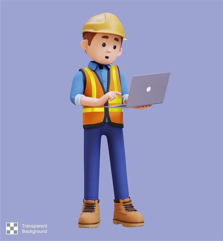 PSD personaggio 3d di un operaio edile che lavora su un portatile