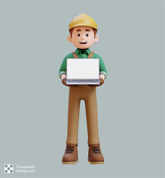 Personaggio 3D di un operaio edile che tiene in mano un portatile con lo schermo vuoto