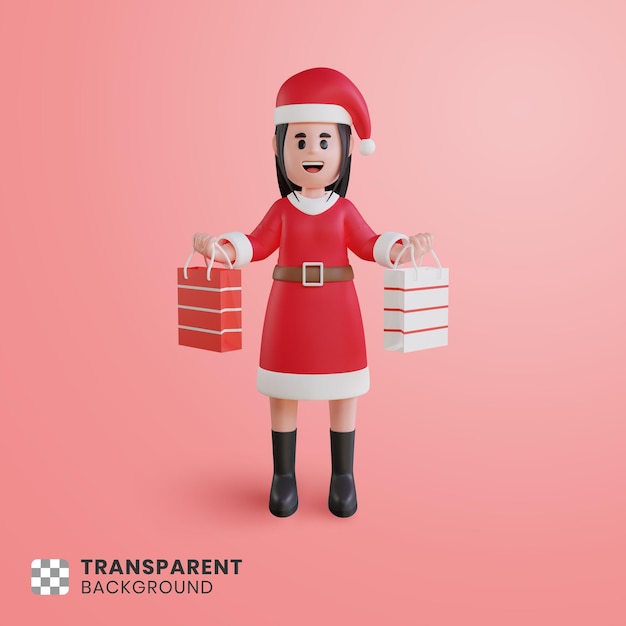 Personaggio 3D Girl Babbo Natale con le borse della spesa