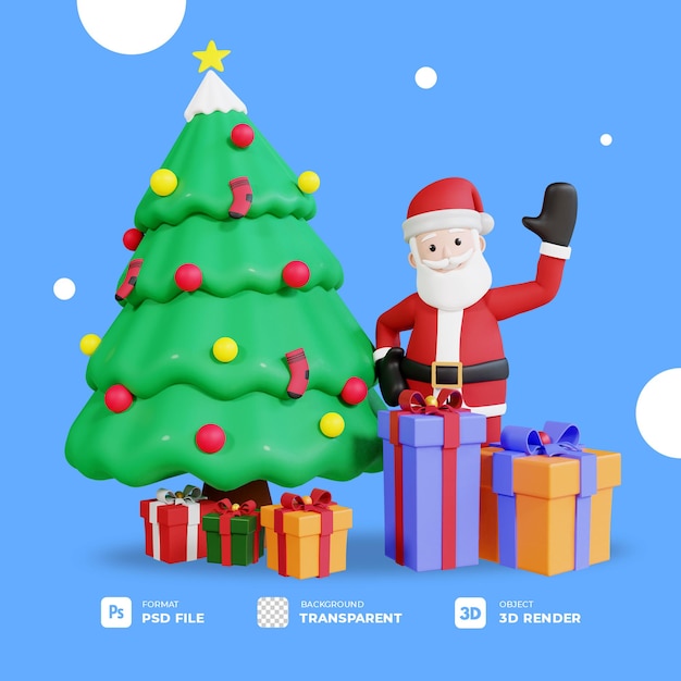 Personaggio 3d mascotte di babbo natale che saluta con scatola regalo di natale