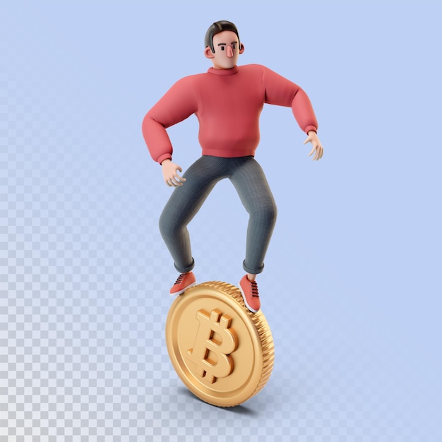 Personaggio 3D ragazzo e moneta criptata social media e illustrazione internet Rendering 3D cartoon