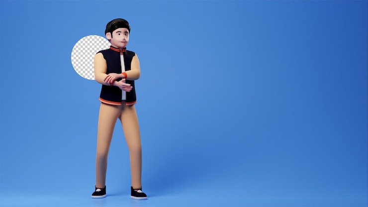 PSD personaggio dei cartoni animati casual uomo che tiene la mano destra, rendering 3d sullo sfondo blu