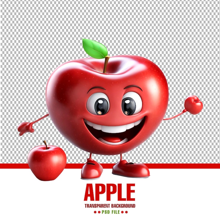 PSD personaggio dei cartoni animati happy apple sweet fruit with a cute smile