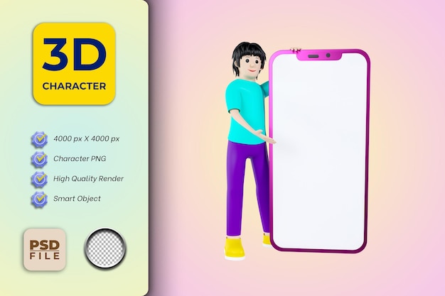 Personaggio dei cartoni animati maschio 3d che mostra lo smart phone