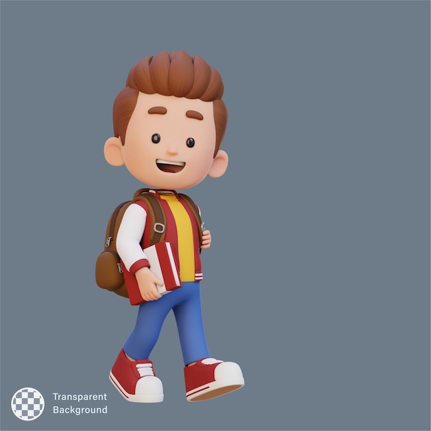 Personaggio di bambino felice in 3D che cammina va a scuola con un libro in mano
