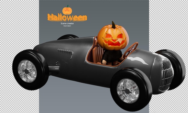 personaggio di bambola zucca di Halloween spettrale e carino su giocattolo di auto da corsa vintage