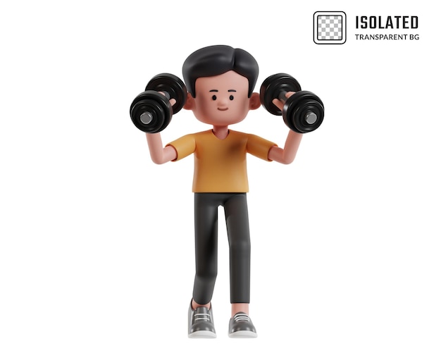 Personaggio di cartone animato 3D che solleva manubri per la motivazione al fitness