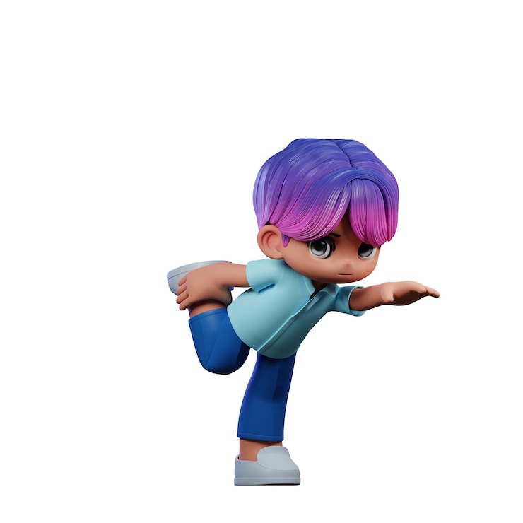 PSD personaggio di cartone animato 3d con capelli viola e pantaloni blu in posizione di una gamba