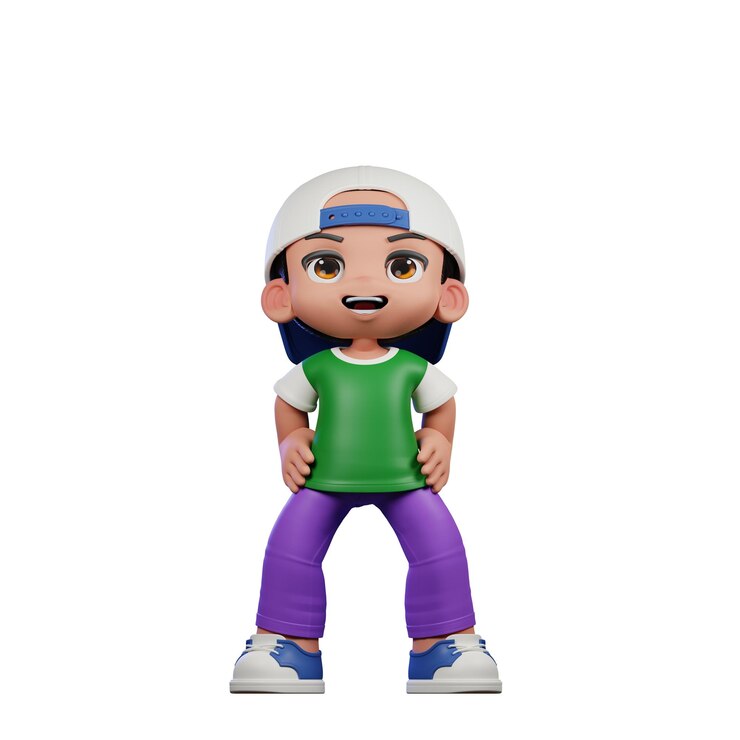 PSD personaggio di cartone animato 3d di un ragazzo con una camicia verde e pantaloni viola in posizione di risata