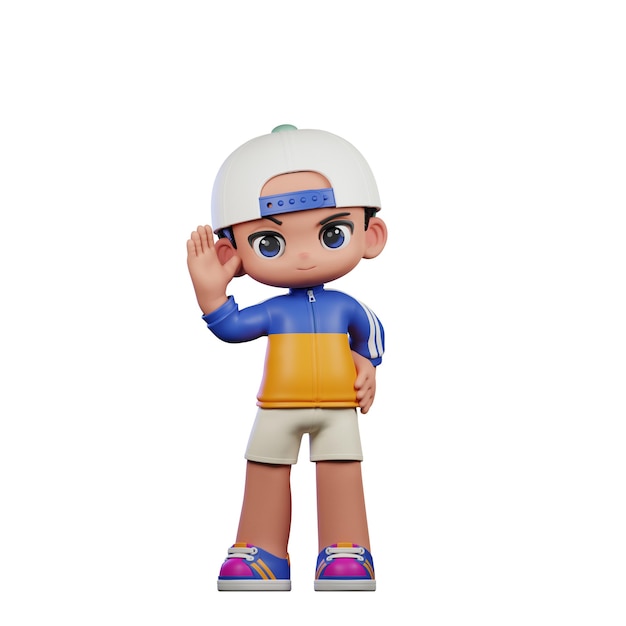 Personaggio di cartone animato 3D in camicia blu e cappello bianco