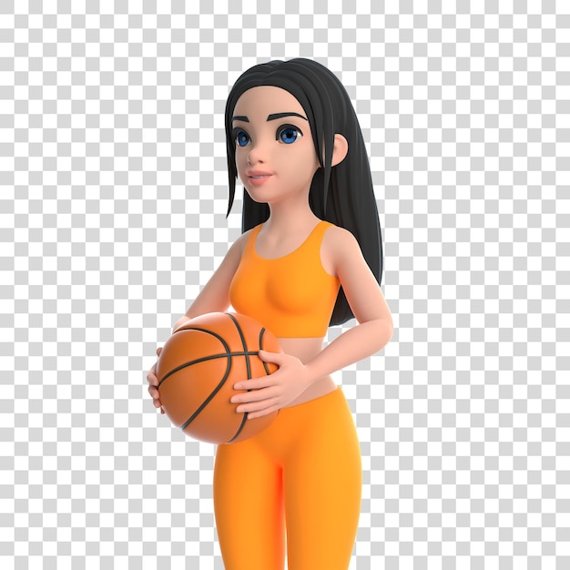 Personaggio di cartone animato donna in abbigliamento sportivo con palla da basket isolata su sfondo bianco rendering 3D