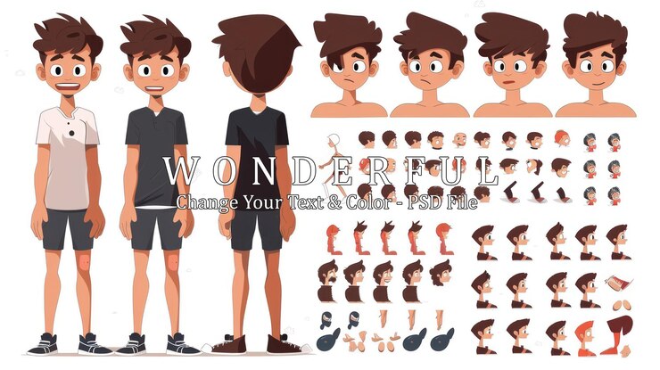PSD personaggio di cartone animato spritesheet boy con varie pose ed espressioni