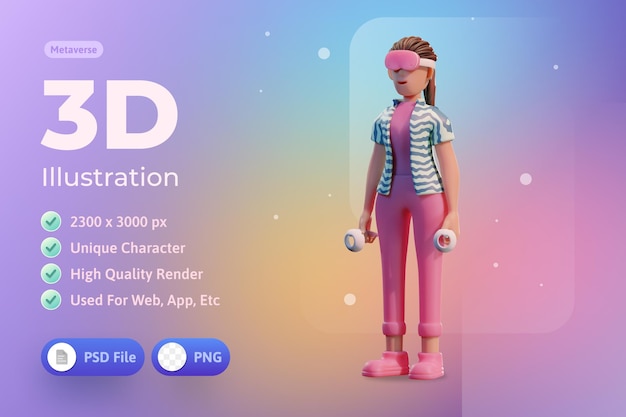 Personaggio donna con auricolare VR Metaverse 3d Illustration