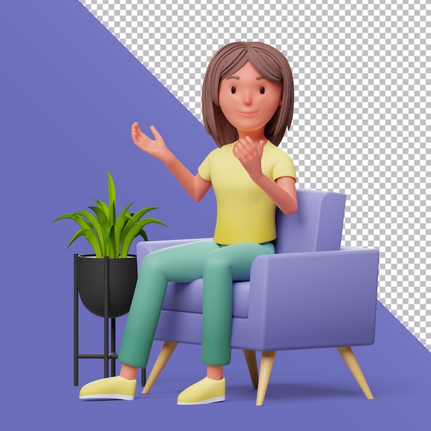 Personaggio femminile 3D che chiede mentre è seduto su una sedia