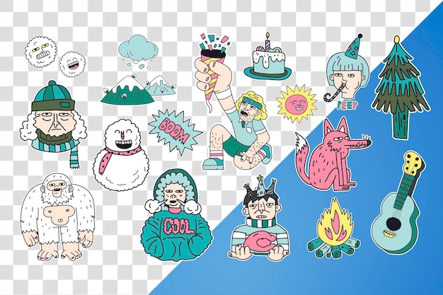 Personaggio invernale disegnato a mano elemento png set sfondo trasparente