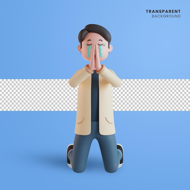 Personaggio maschile 3d che chiede perdono mentre piange
