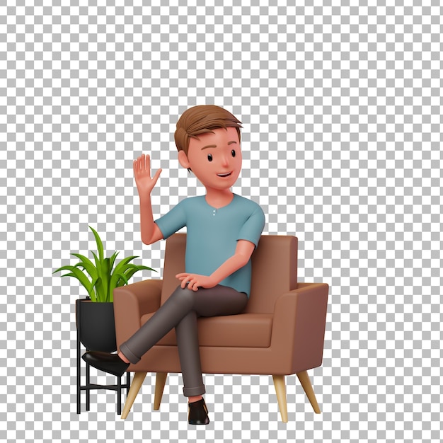 Personaggio maschile 3D seduto su un divano sventolando