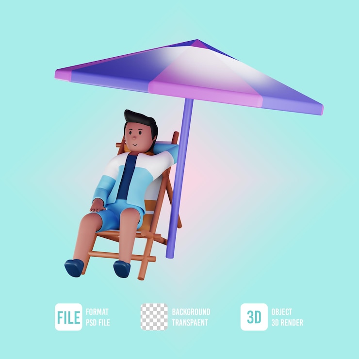PSD personaggio maschile estivo 3d seduto rilassato con illustrazione ombrello