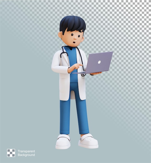 Personaggio medico 3D che lavora su un portatile adatto a contenuti medici