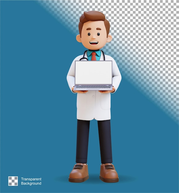 Personaggio medico 3D che tiene un portatile con schermo vuoto adatto a contenuti medici