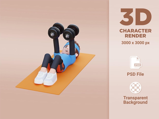 Personaggio sportivo 3D che esegue la mosca sul petto con manubri