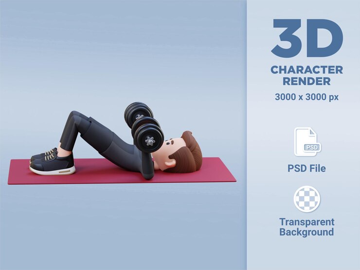 PSD personaggio sportivo 3d che esegue la pressa da pavimento in declino con manubri