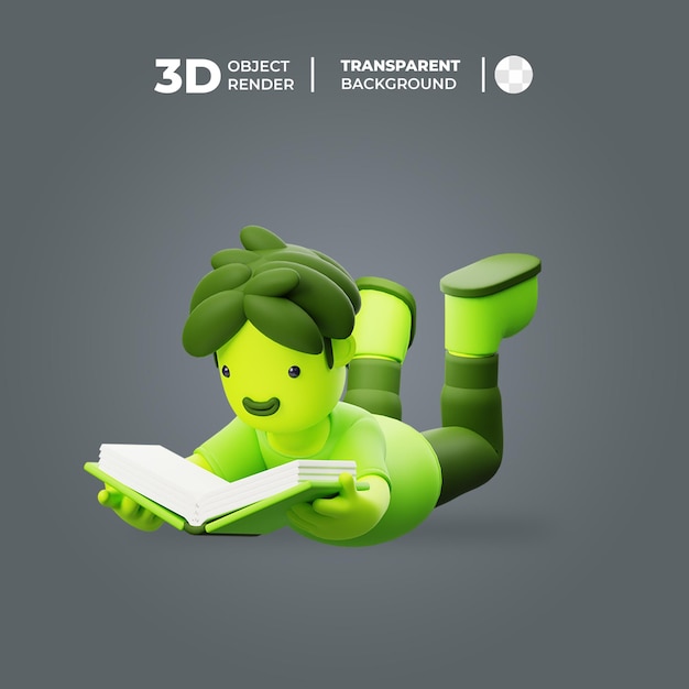 PSD personaje 3d acostarse y leer un libro