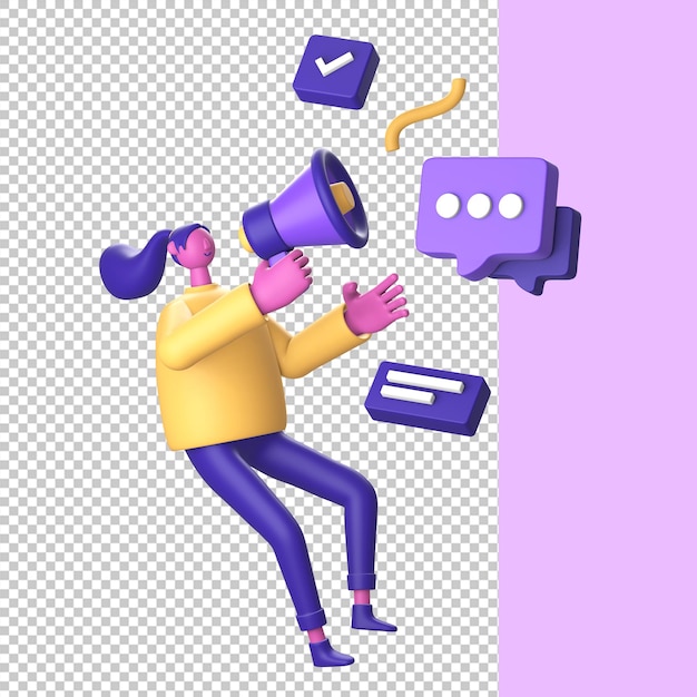 Personaje 3D con altavoz y mensaje de burbuja de voz para aplicaciones móviles web UI UX redes sociales