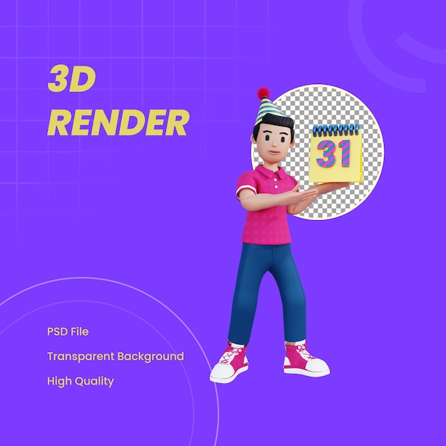 Personaje 3d con calendario de víspera de año nuevo