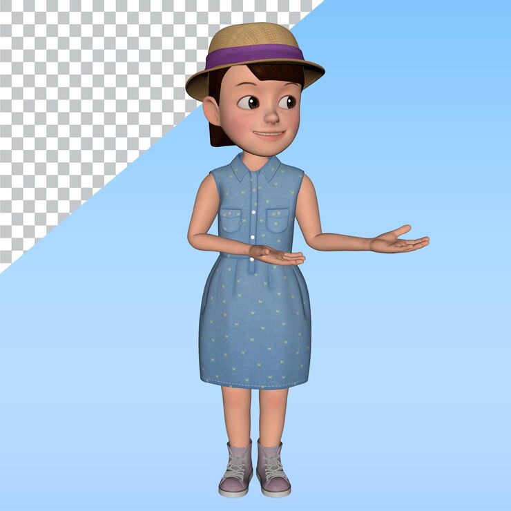 PSD personaje 3d chica de vestido azul lindo en varias poses diseño ilustración 3d representación de personaje chica