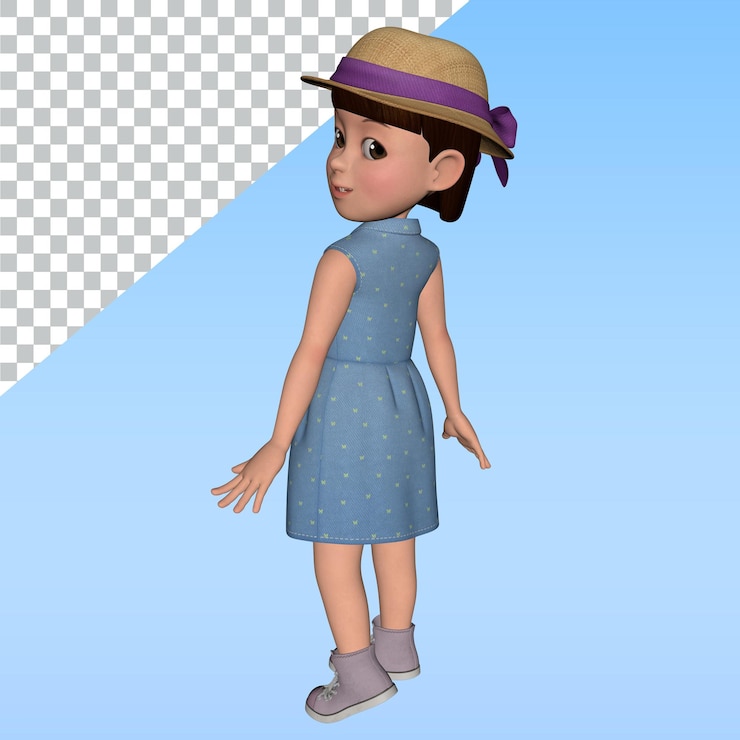 PSD personaje 3d chica de vestido azul lindo en varias poses diseño ilustración 3d representación de personaje chica