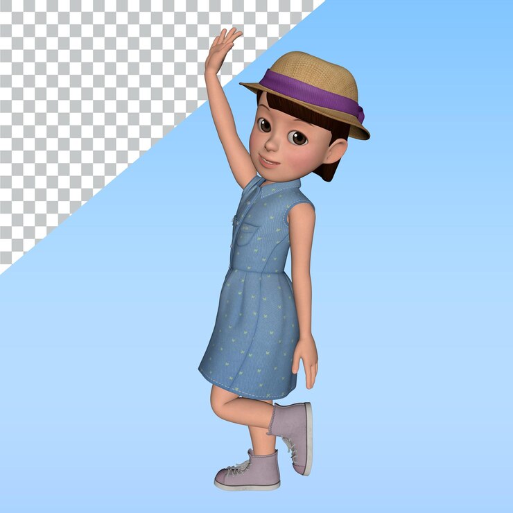PSD personaje 3d chica de vestido azul lindo en varias poses diseño ilustración 3d representación de personaje chica