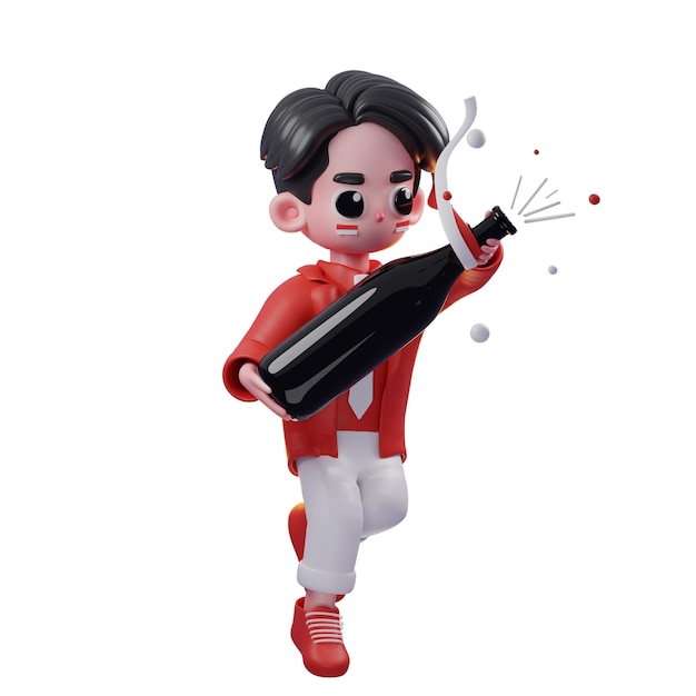 Personaje 3D Día de la Independencia de Indonesia con champán