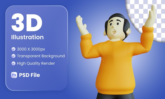 Personaje 3D estilizado sorprendido y mirando a la parte superior