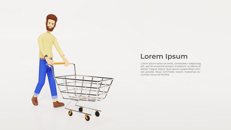 PSD personaje 3d hombre caminando empujando un carrito