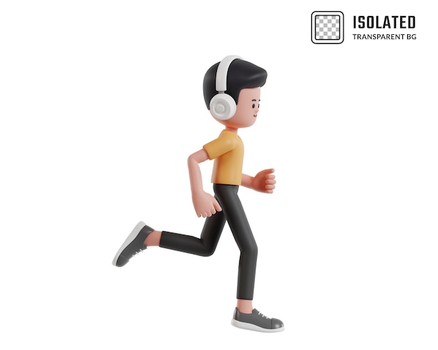 Personaje 3D Hombre con camiseta amarilla corriendo mientras disfruta de música con auriculares