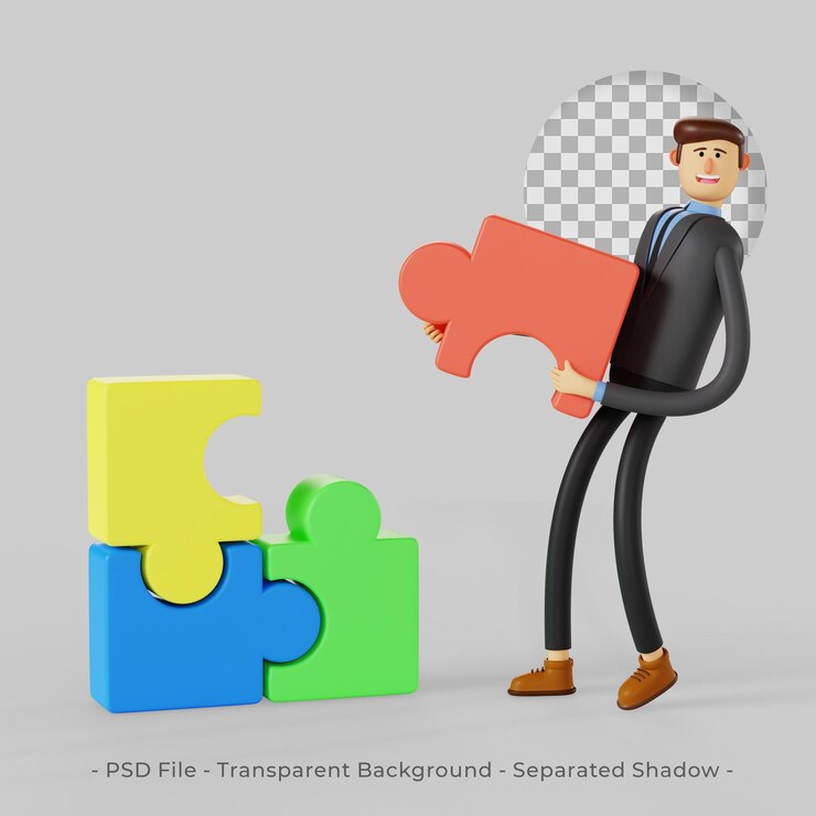PSD personaje 3d del hombre de negocios que completa el rompecabezas como parte del trabajo en equipo