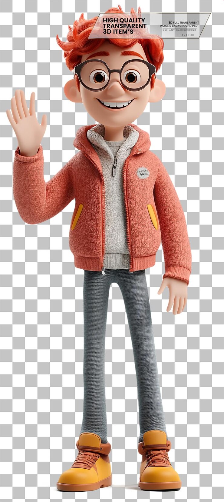 PSD personaje 3d un joven sonriente con el pelo rojo en un fondo transparente