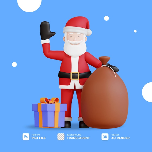 Personaje 3d de la mascota de santa claus con caja de regalo de navidad y bolsa de santa