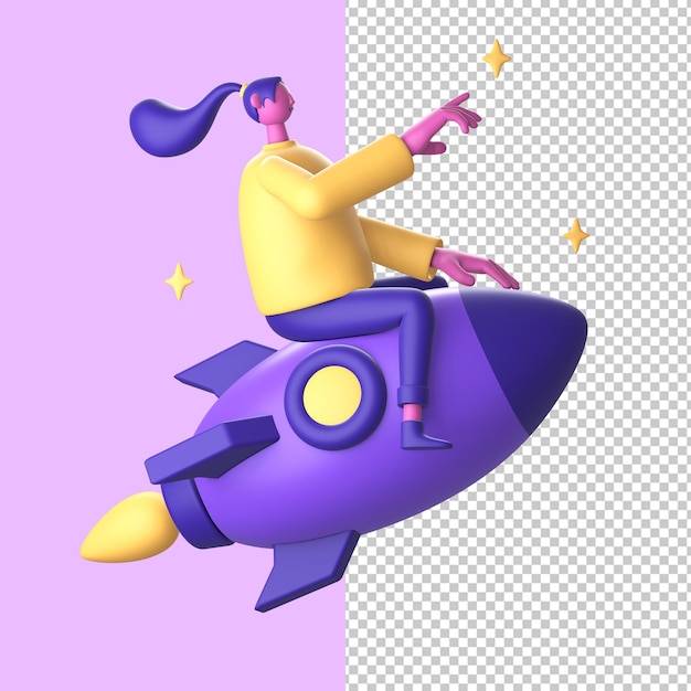Personaje 3D montando cohete espacial con estrella para aplicaciones móviles web UI UX redes sociales