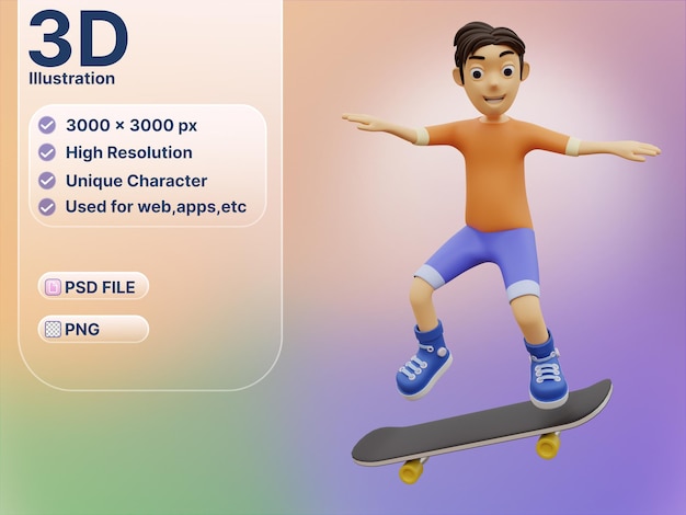 PSD el personaje 3d está patinando