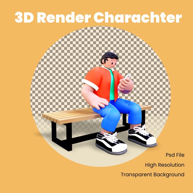 Personaje 3D que controla el teléfono en un banco