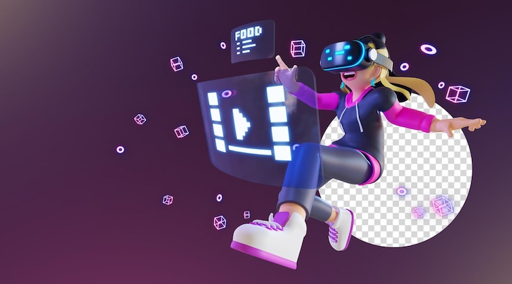 PSD personaje 3d rebder metaverse con dispositivo de realidad virtual para aplicación web aplicación infográfica