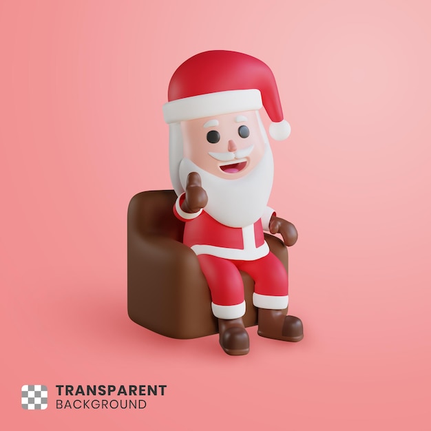 Personaje 3D Santa Claus sentado en una silla con los pulgares hacia arriba sugn