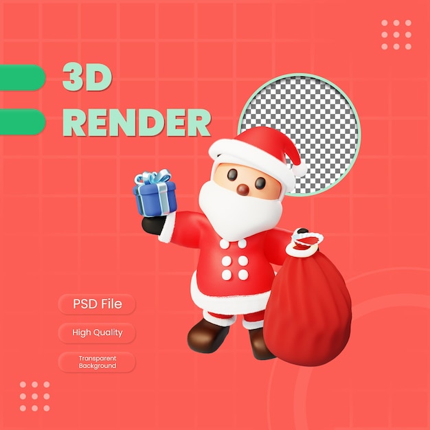 Personaje 3d santa sosteniendo la bolsa y la ilustración de regalo